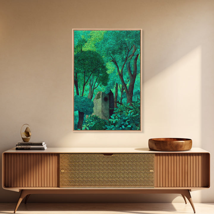 Emerald Forest Shrine With Ancient Stone Door Wall Art, Mystical Jungle Decor, Nature Scene Art, Teal Green Home Decor Gift