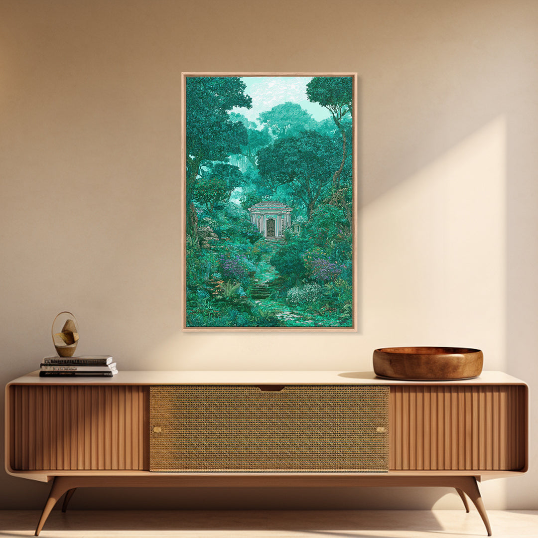 Hidden Garden Temple Path Canvas Print, Emerald Forest Landscape, Dreamy Nature Wall Decor, Botanical Living Room Art Gift