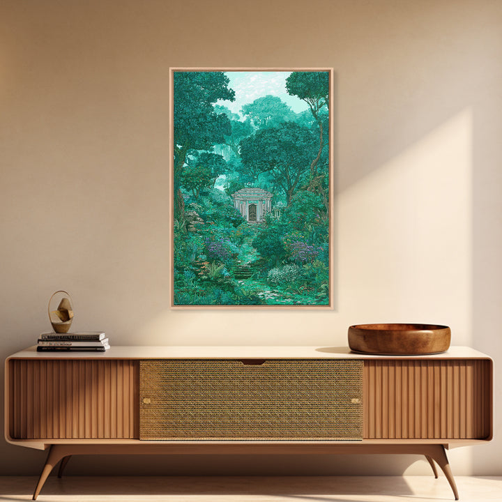 Hidden Garden Temple Path Canvas Print, Emerald Forest Landscape, Dreamy Nature Wall Decor, Botanical Living Room Art Gift