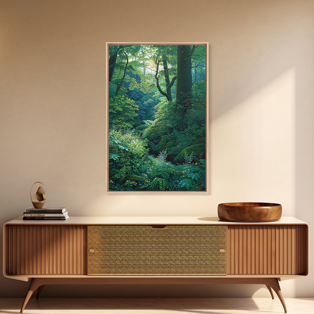 Sunlit Woodland Glade With Ferns Wall Art, Green Nature Scene Art, Dreamy Forest Decor, Botanical Bedroom Wall Decor Gift