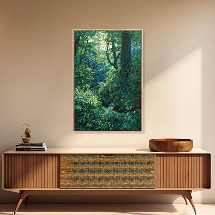 Sunlit Woodland Glade With Ferns Wall Art, Green Nature Scene Art, Dreamy Forest Decor, Botanical Bedroom Wall Decor Gift