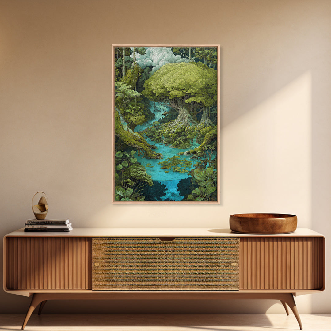 Ancient Banyan Over Turquoise River Painting Canvas Print, Fantasy Jungle Decor, Green Nature Wall Art, Unique Home Decor Gift