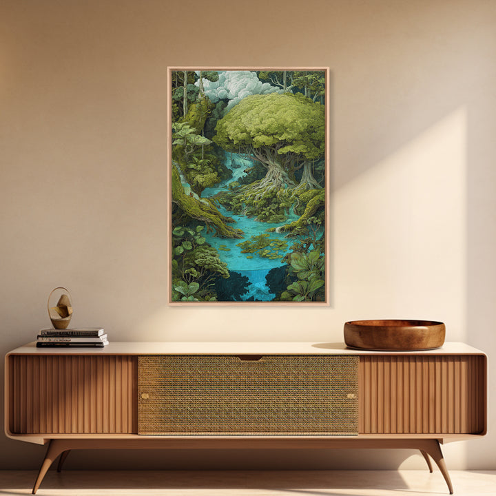 Ancient Banyan Over Turquoise River Painting Canvas Print, Fantasy Jungle Decor, Green Nature Wall Art, Unique Home Decor Gift