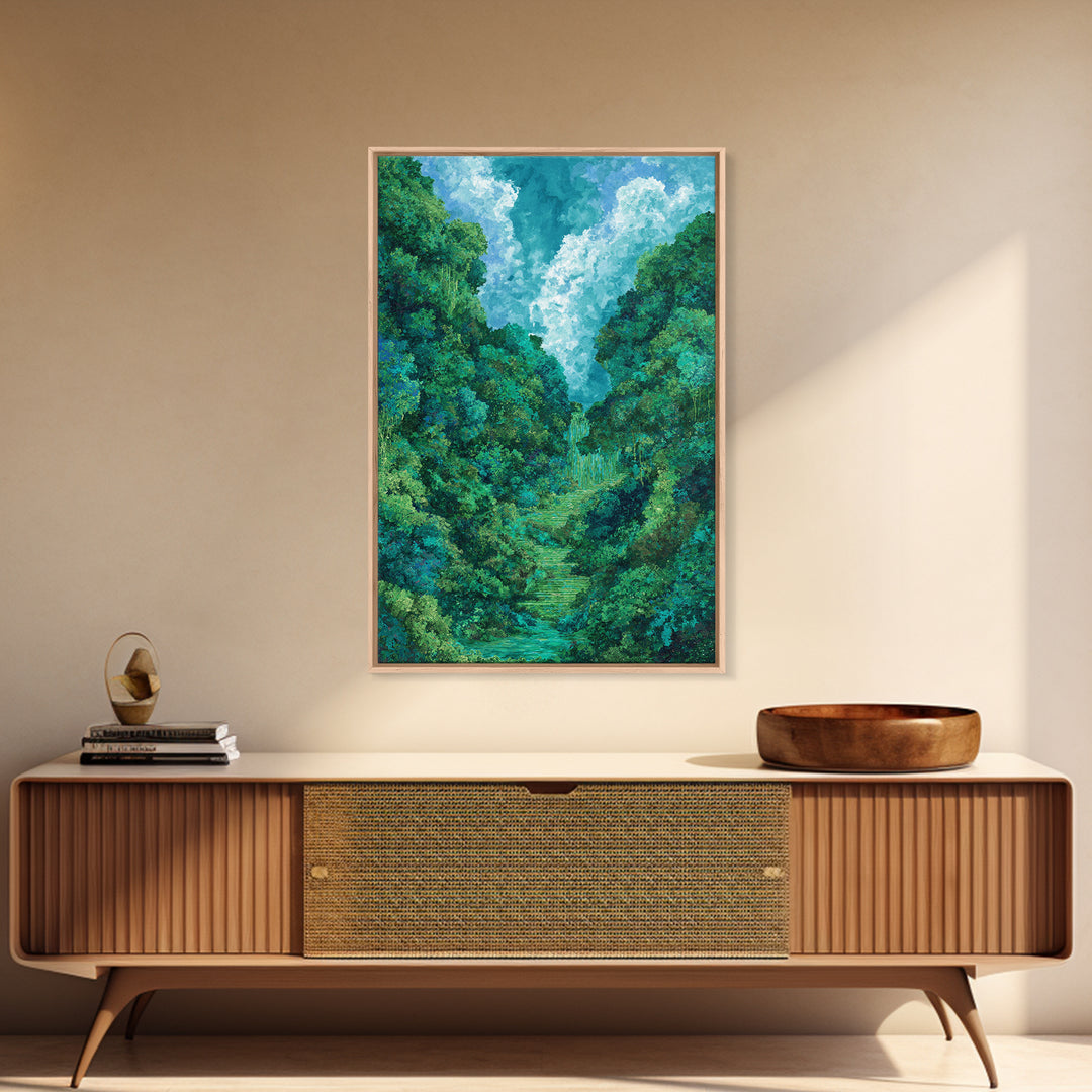 Turquoise Rainforest Valley With Waterfall Canvas Print, Lush Green Landscape, Nature Scene Art, Modern Wall Decor Art Gift