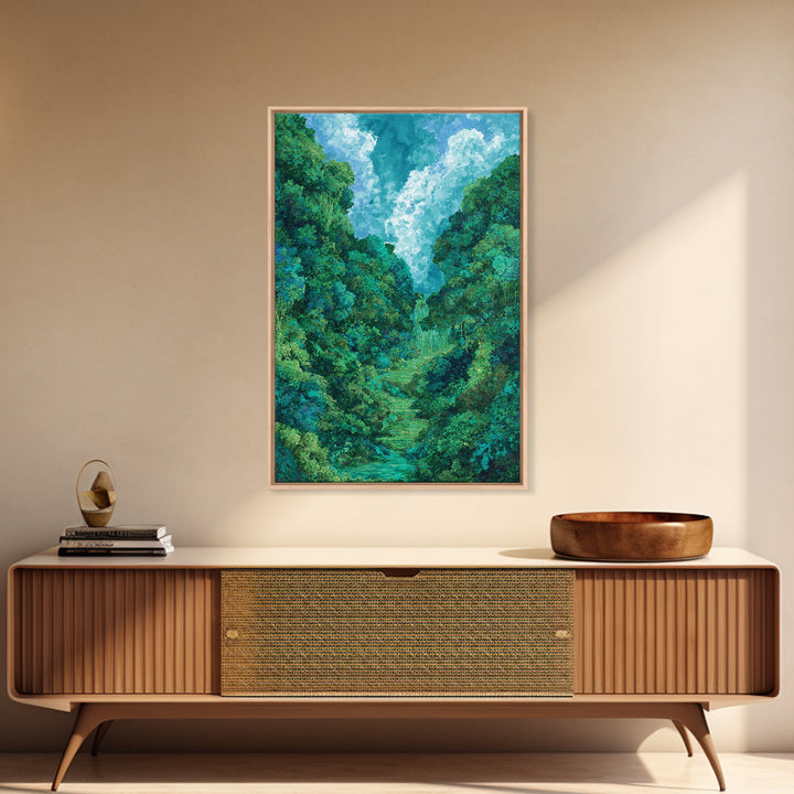 Turquoise Rainforest Valley With Waterfall Canvas Print, Lush Green Landscape, Nature Scene Art, Modern Wall Decor Art Gift