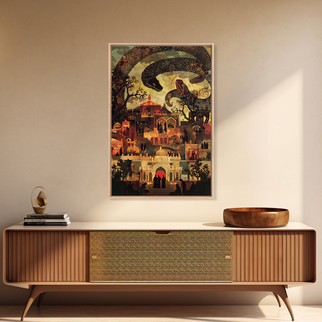 Enchanted Palace With Giant Serpent Wall Art, Mystical Travel Decor, Indian Decor, Fantasy City Canvas Style Art Print Gift