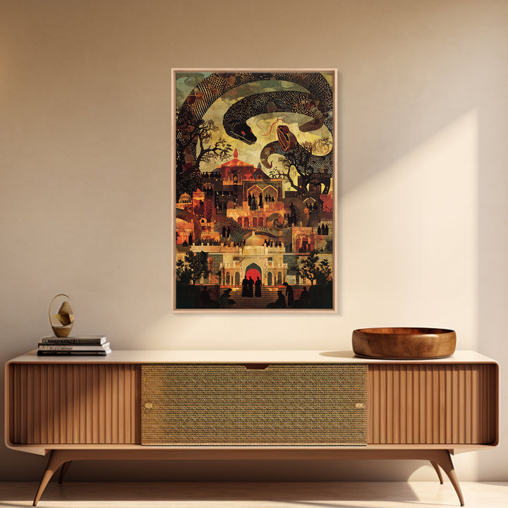 Enchanted Palace With Giant Serpent Wall Art, Mystical Travel Decor, Indian Decor, Fantasy City Canvas Style Art Print Gift
