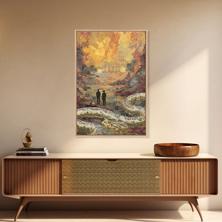 Golden Ruins With Giant Serpent Canvas Print, Surreal Fantasy Landscape Wall Art, Burnt Orange Art, Statement Home Decor Gift
