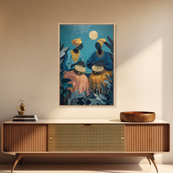 Two African Women Drumming Under Moon Wall Art, Afrocentric Canvas Print, Teal Jungle Decor, Cultural Home Decor Gift For Living Room