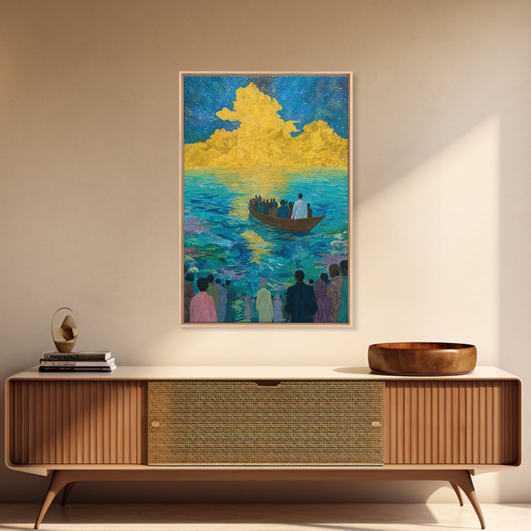 Boat Crossing Turquoise Water To Golden Clouds Wall Art, African Landscape Canvas Print, Spiritual Travel Decor Gift For Home