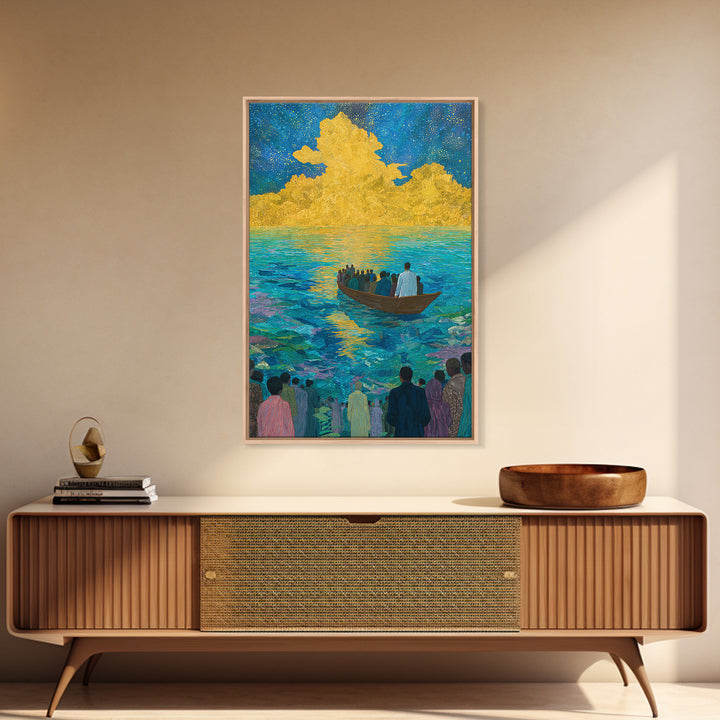 Boat Crossing Turquoise Water To Golden Clouds Wall Art, African Landscape Canvas Print, Spiritual Travel Decor Gift For Home