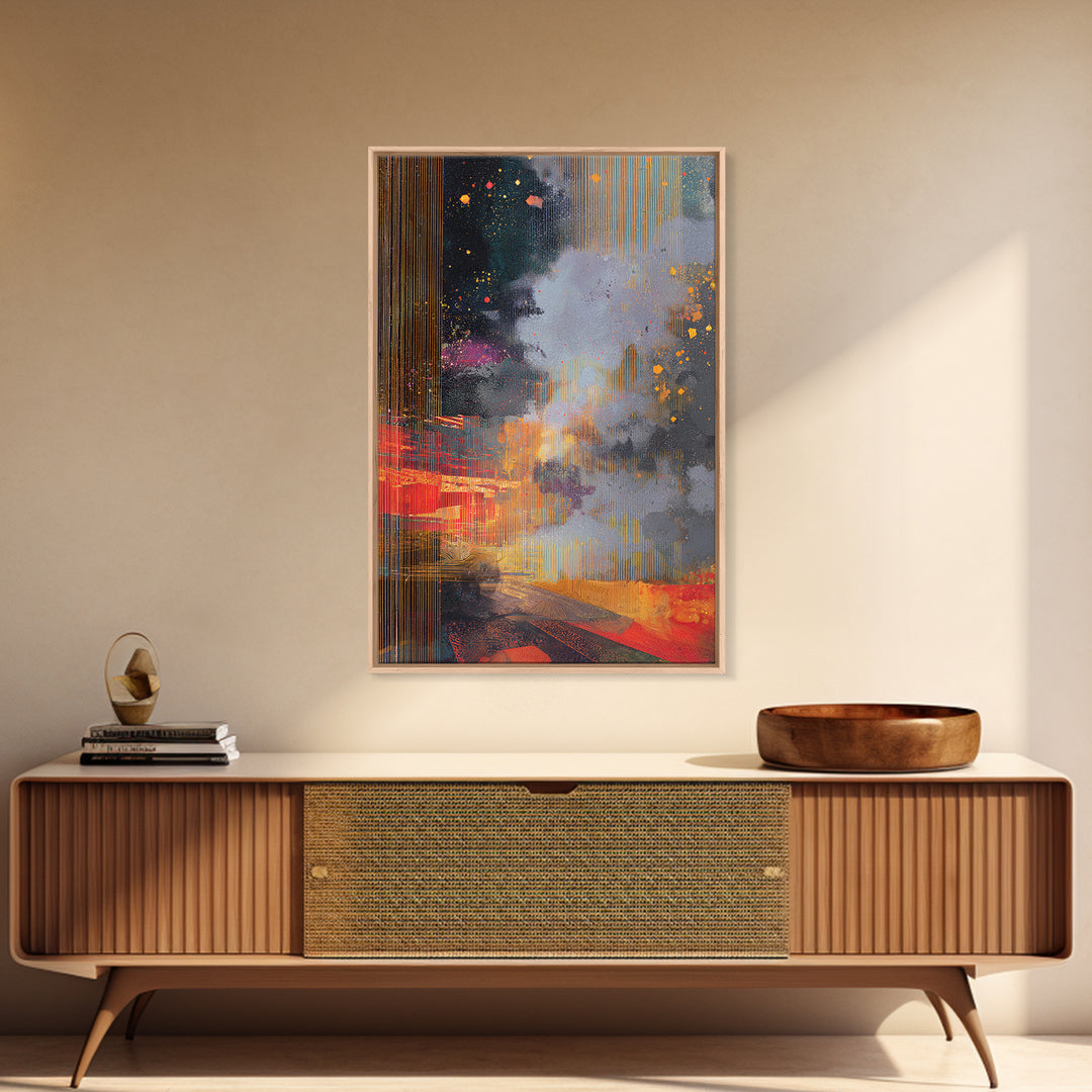 Abstract Gold Rain City Cosmos Wall Art, Modern African Inspired Canvas Print, Bold Red Orange Office Decor For Living Room