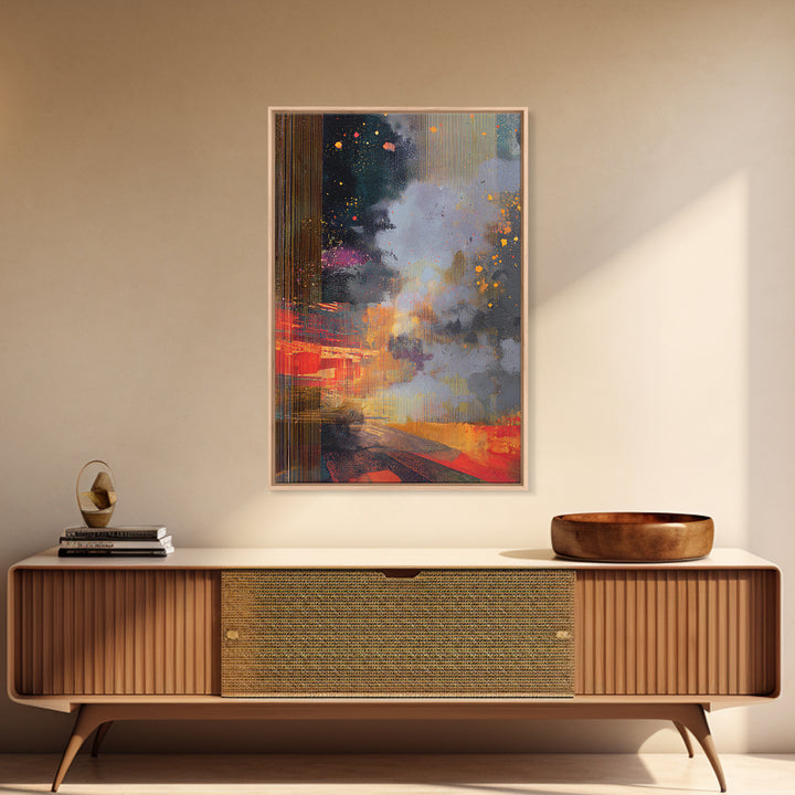 Abstract Gold Rain City Cosmos Wall Art, Modern African Inspired Canvas Print, Bold Red Orange Office Decor For Living Room