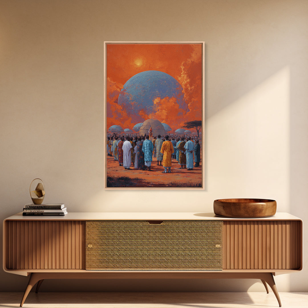 Afrofuturist Gathering Beneath Blue Planet Wall Art, African Culture Canvas Print, Orange Sky Village Home Decor Gift For Her