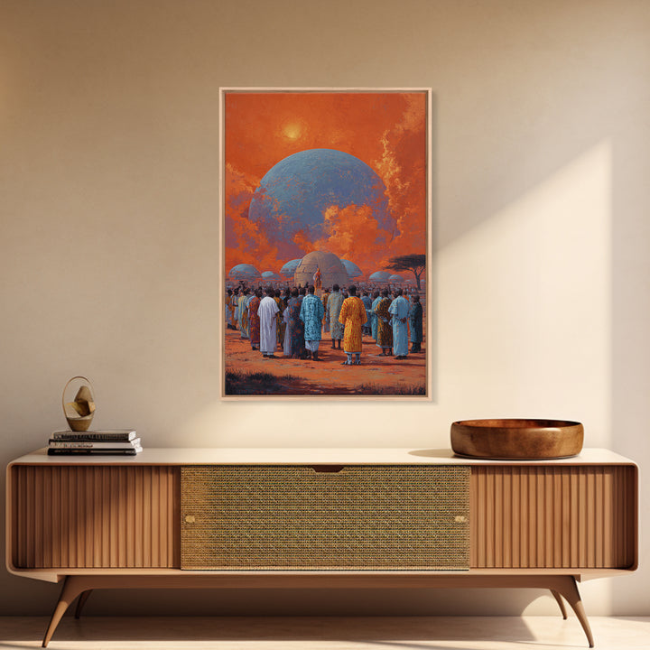 Afrofuturist Gathering Beneath Blue Planet Wall Art, African Culture Canvas Print, Orange Sky Village Home Decor Gift For Her