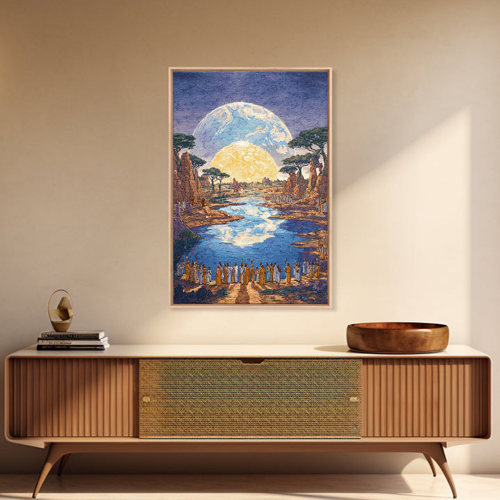 Sacred River Valley With Twin Moons Wall Art, African Landscape Canvas Print, Safari Inspired Cultural Home Decor Gift For Him