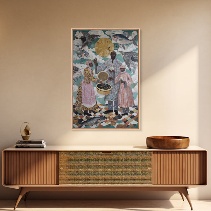 Surreal Fish Sky Ceremony With Family Wall Art, African Culture Canvas Print, Whimsical Kitchen Decor And Unique Gift For Home