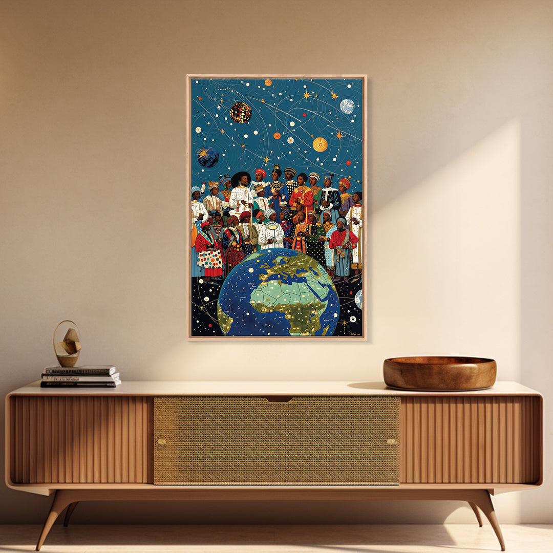 African Diaspora Under Celestial Orbits Wall Art, Afrocentric Canvas Print, Black Culture Artwork And Earth Map Decor Gift