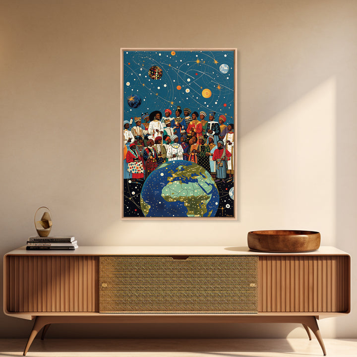 African Diaspora Under Celestial Orbits Wall Art, Afrocentric Canvas Print, Black Culture Artwork And Earth Map Decor Gift