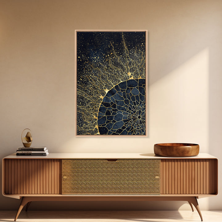 Black Gold Abstract Solar Eclipse Wall Art, Luxury Canvas Print, African Inspired Celestial Decor For Modern Living Room