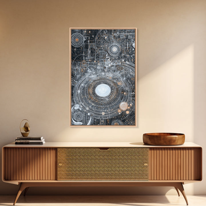 Futuristic Cosmic Circuit Mandala Canvas Print, Abstract Wall Art, Modern Office Decor, Geometric Sci Fi Galaxy Blueprint Digital Art