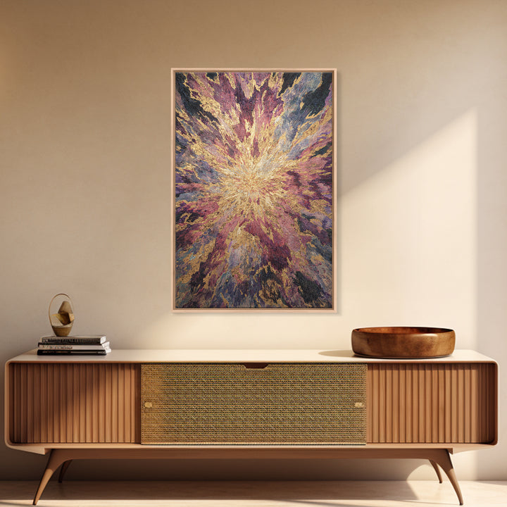 Exploding Abstract Starburst In Gold Plum And Blue Wall Art, Textured Art Print, Modern Canvas Art, Statement Home Decor