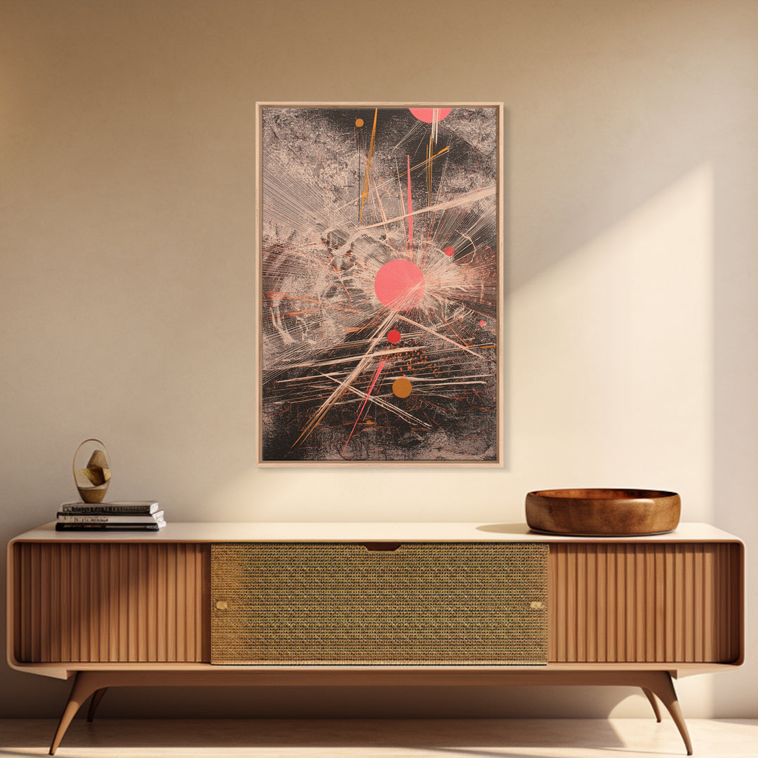Coral Circles And Fine Lines Abstract Canvas Print, Geometric Wall Art, Modern Office Decor, Minimalist Black Art Gift For Her