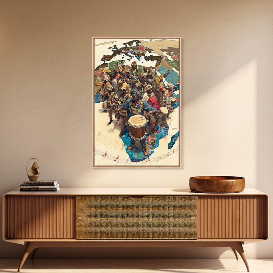 African Musicians Over Motherland Map Framed Canvas Print, African Culture Art, Afrocentric Wall Art, Vibrant Home Decor