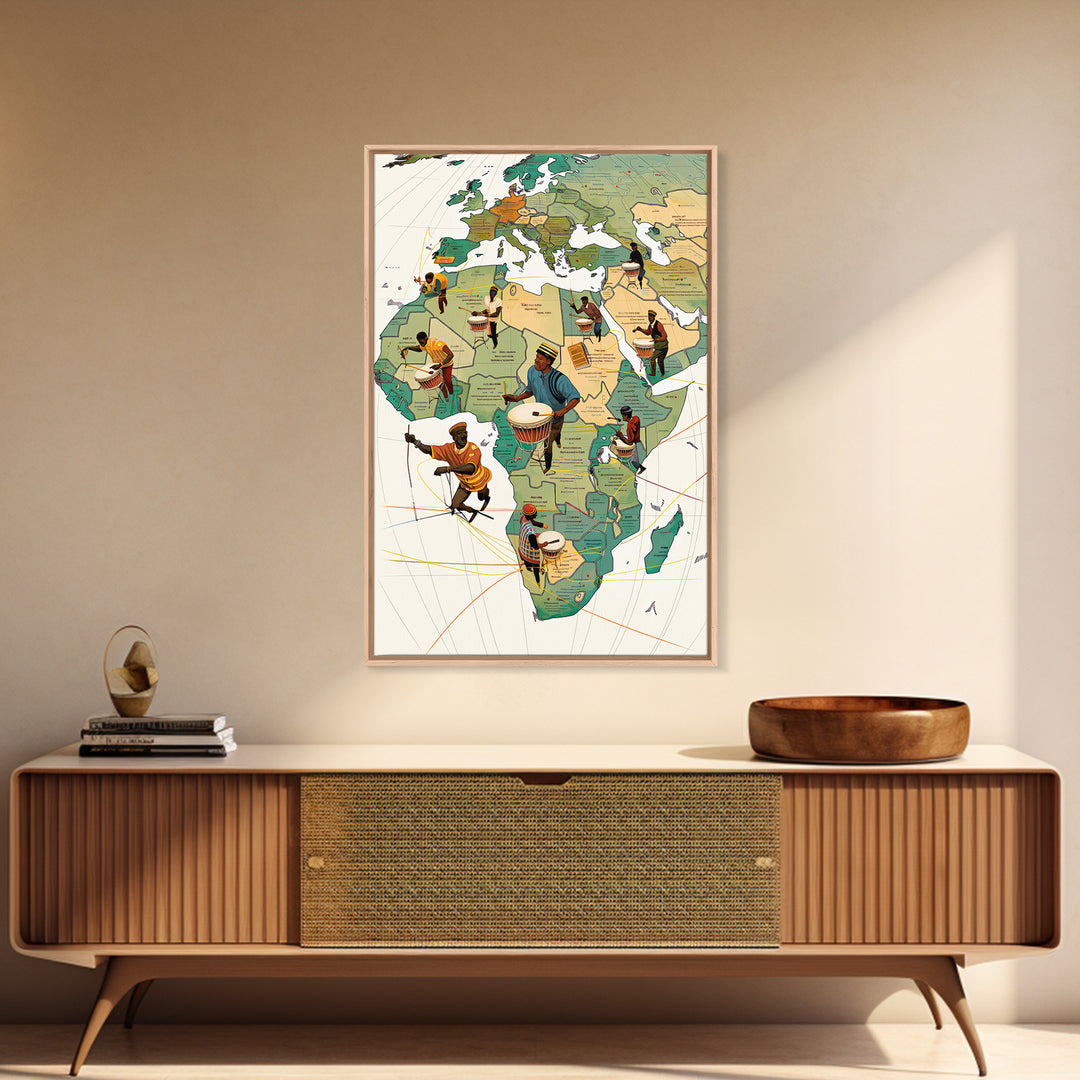 Drummers Across Africa And Europe Map Canvas Print, African Art Prints, Cultural Home Decor, Music Inspired Wall Decor Gift
