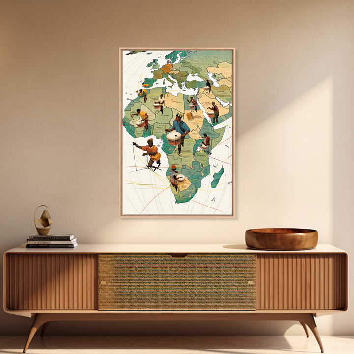 Drummers Across Africa And Europe Map Canvas Print, African Art Prints, Cultural Home Decor, Music Inspired Wall Decor Gift