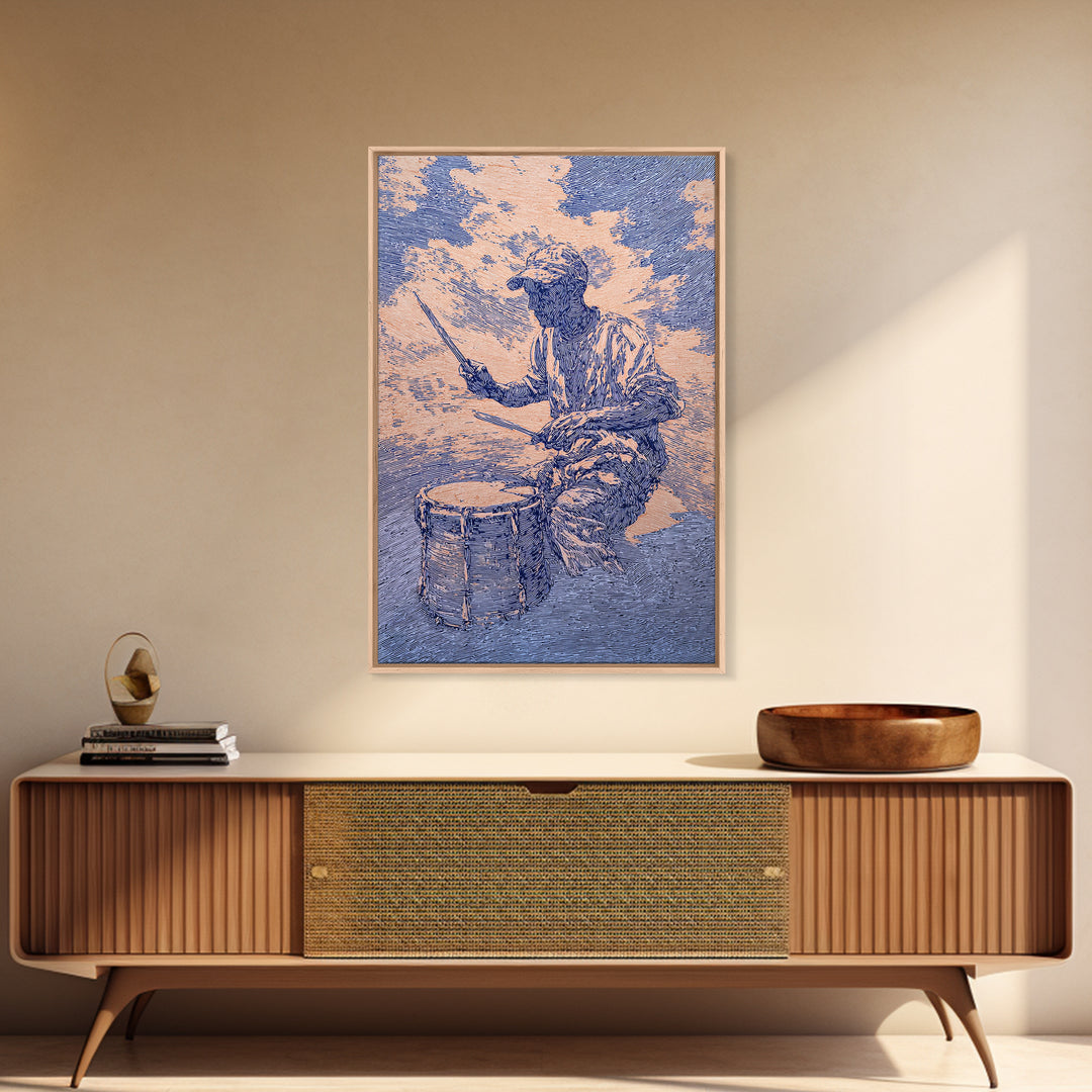 Blue African Drummer Playing Traditional Drum Wall Art, Afrocentric Art Print, Cultural Music Decor, Tribal Portrait Canvas