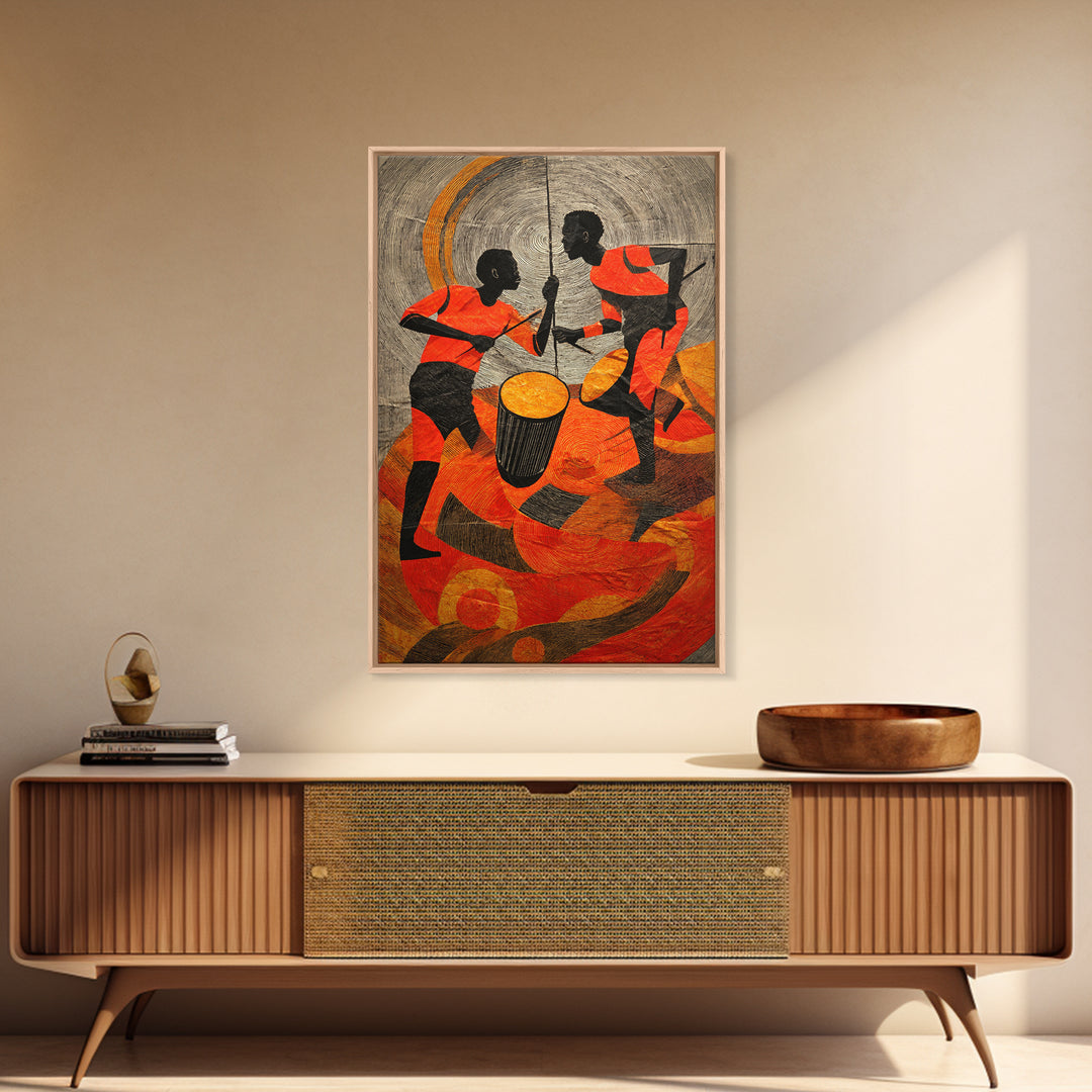 Two African Children Dancing With Drum Wall Art, Colorful African Art Print, Tribal Celebration Decor, Modern Afro Canvas