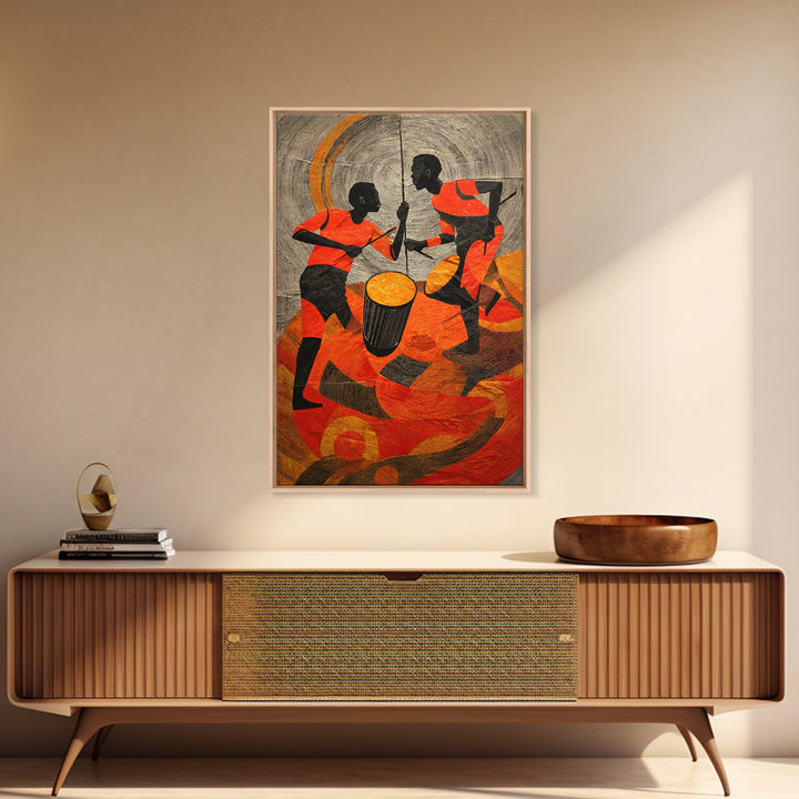 Two African Children Dancing With Drum Wall Art, Colorful African Art Print, Tribal Celebration Decor, Modern Afro Canvas