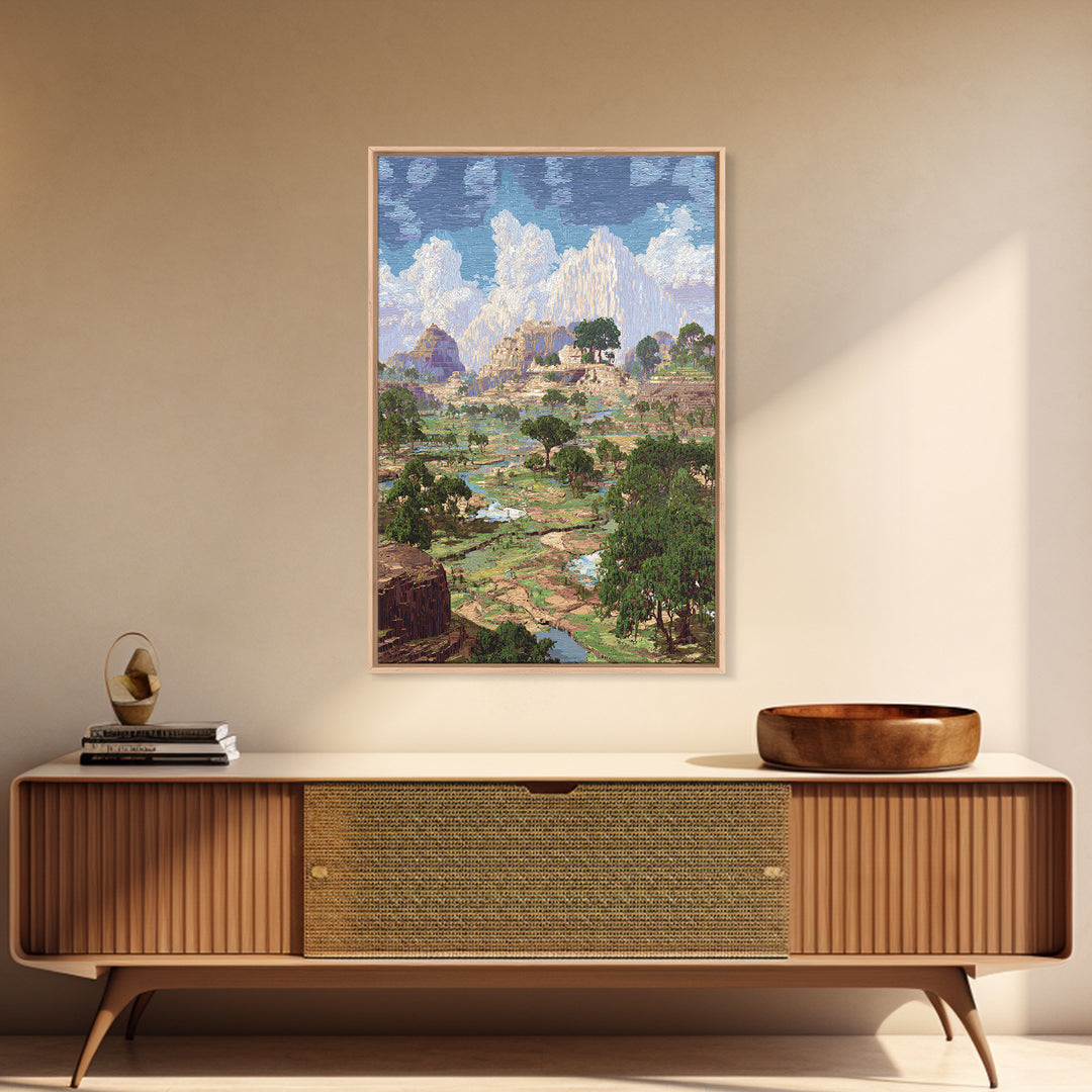 Ancient African Valley With River And Mountains Wall Art, Serengeti Landscape Print, Nature Scene Home Decor, Dreamy Canvas