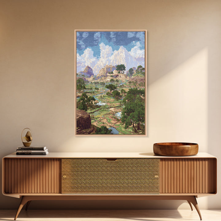 Ancient African Valley With River And Mountains Wall Art, Serengeti Landscape Print, Nature Scene Home Decor, Dreamy Canvas