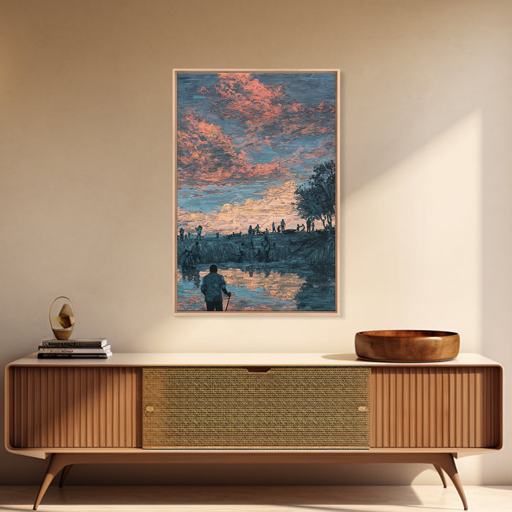 Pastoral African Sunset River Scene Canvas Print, Nature Wall Decor, Cultural Landscape Art, Earth Tone Living Room Decor