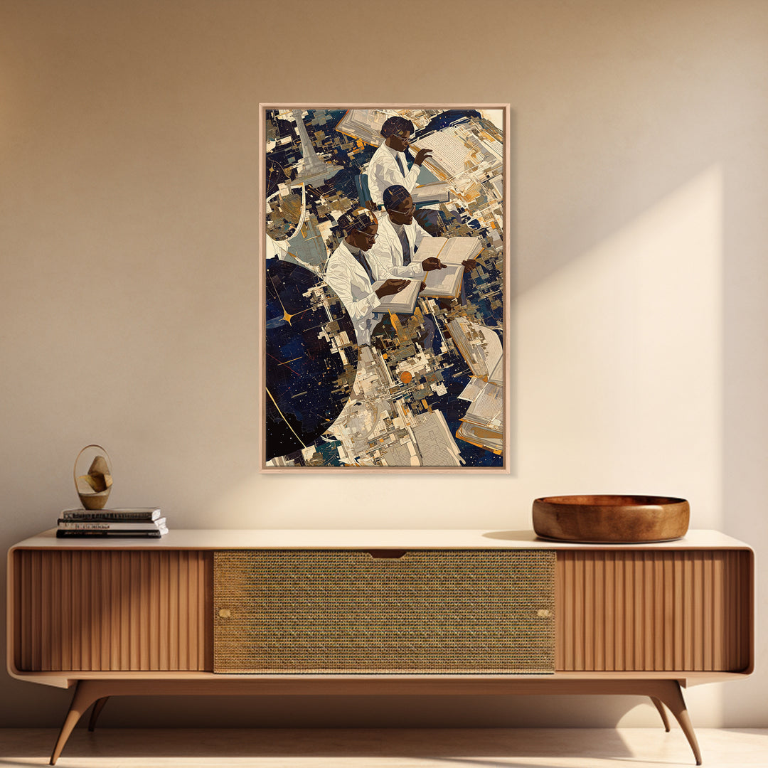 Black African Scholars Reading Floating Books Wall Art, Afrofuturism Decor, Black History Gift, Modern Cultural Canvas Print