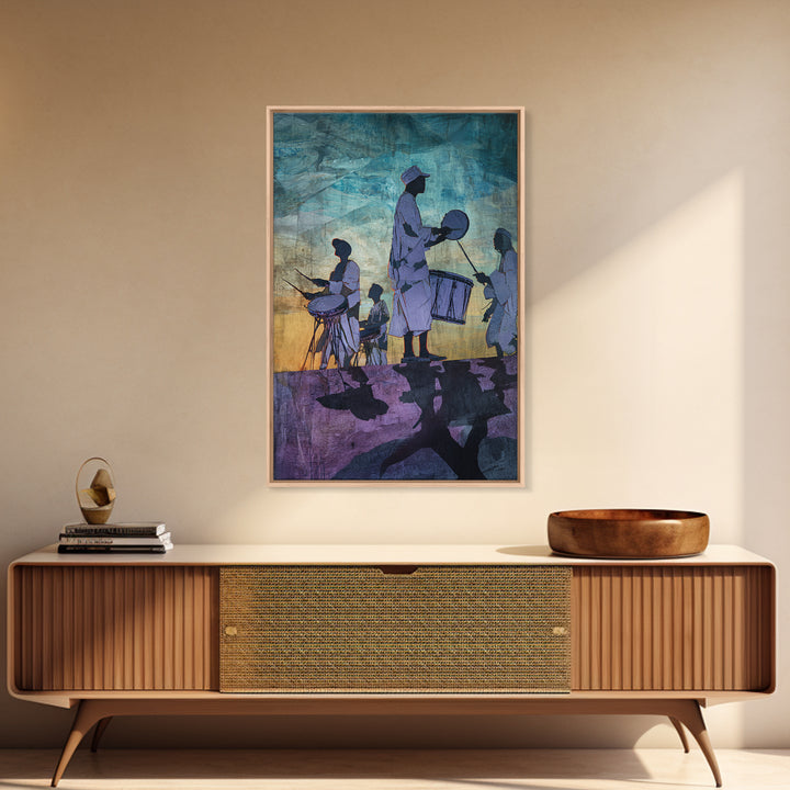 Silhouetted African Drummers At Twilight Framed Canvas Print, Afrocentric Wall Decor, Cultural Music Art, Tribal Home Decor