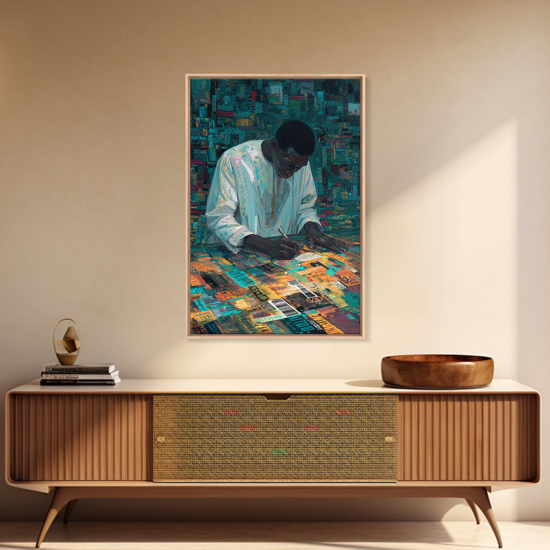 Focused Writer At Colorful Desk Framed Canvas Print, Black Man Wall Art, African American Art, Office Decor, Creative Gift