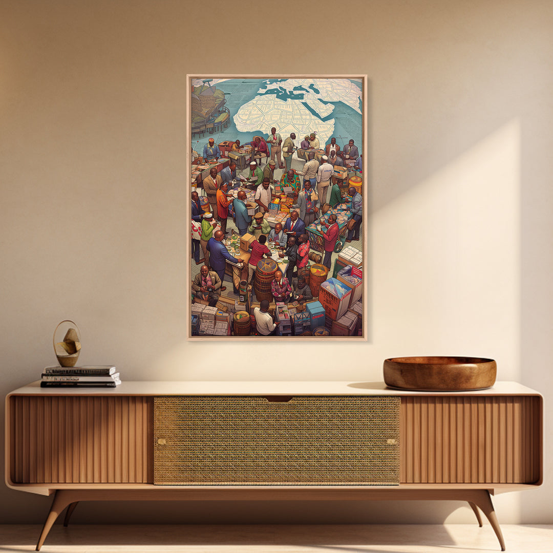 Busy African Market Scene With Map Wall Art, African Culture Art, West African Art, Black People Art, Living Room Decor, Gift