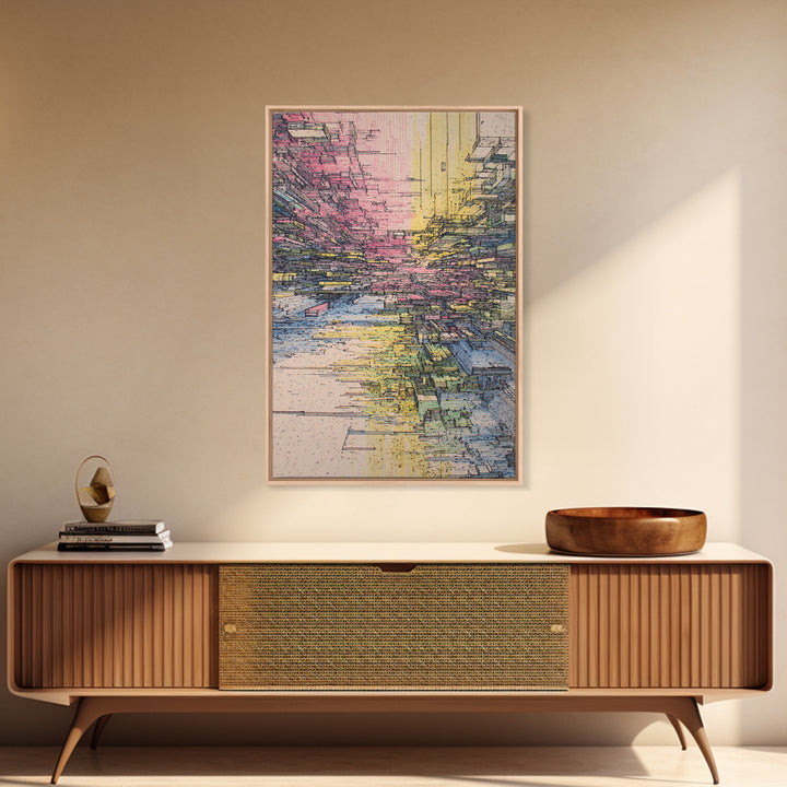 Futuristic Abstract City Canyon Framed Canvas Print, Modern Urban Wall Art, Geometric Architecture, Colorful Office Decor