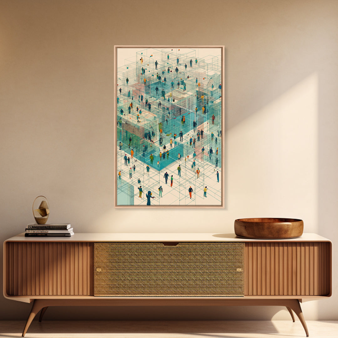 Isometric People In Wireframe City Wall Art, Modern Geometric Canvas Print, Abstract Urban Network, Unique Office Decor, Tech Inspired