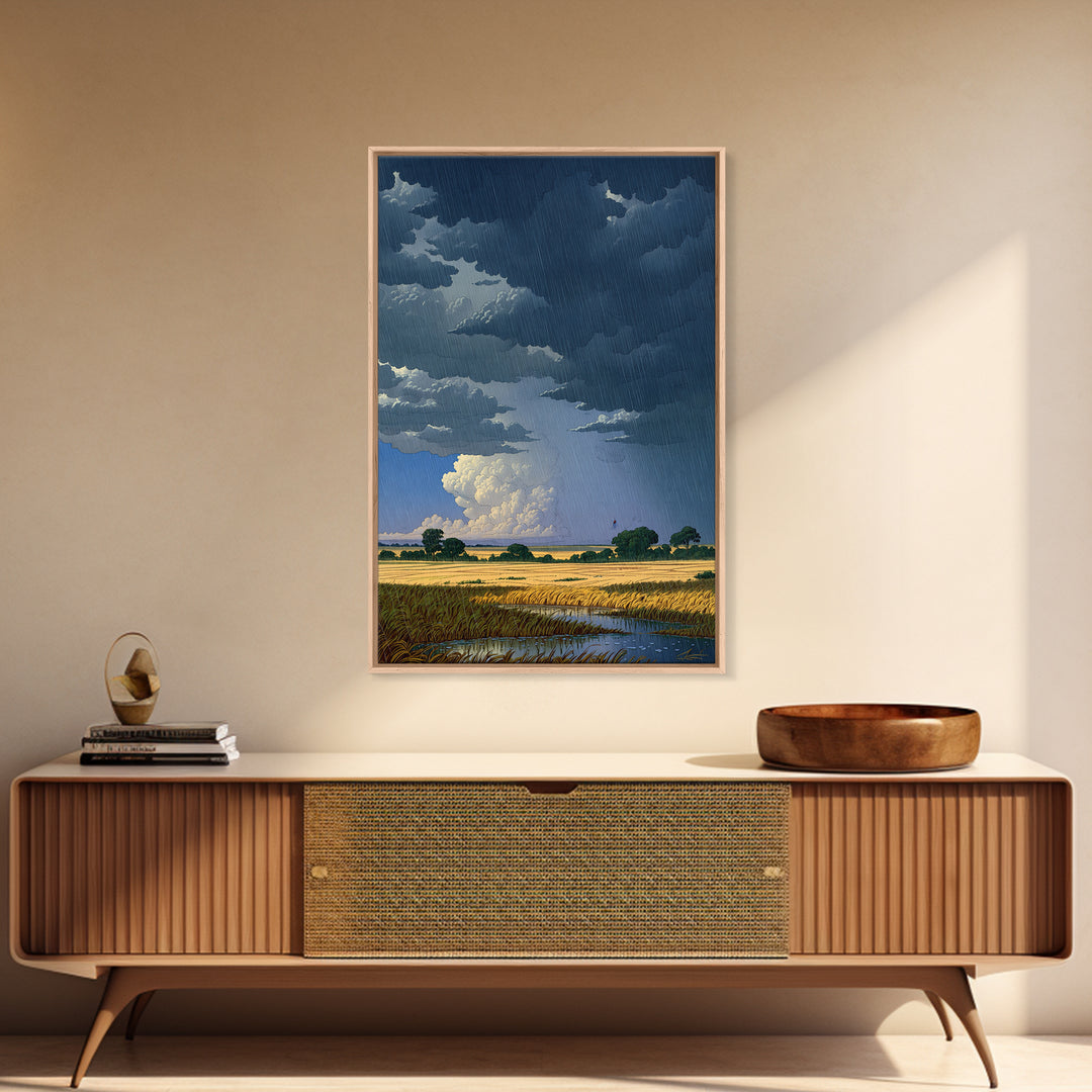 Dark Storm Clouds Over Golden Field Wall Art, African Landscape Canvas Print, Moody Nature Scene, Rustic Living Room Decor