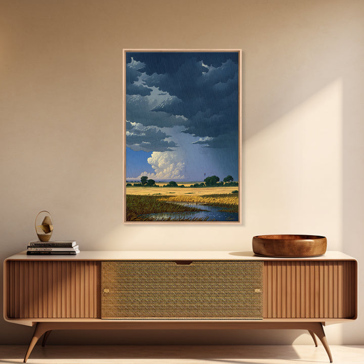 Dark Storm Clouds Over Golden Field Wall Art, African Landscape Canvas Print, Moody Nature Scene, Rustic Living Room Decor