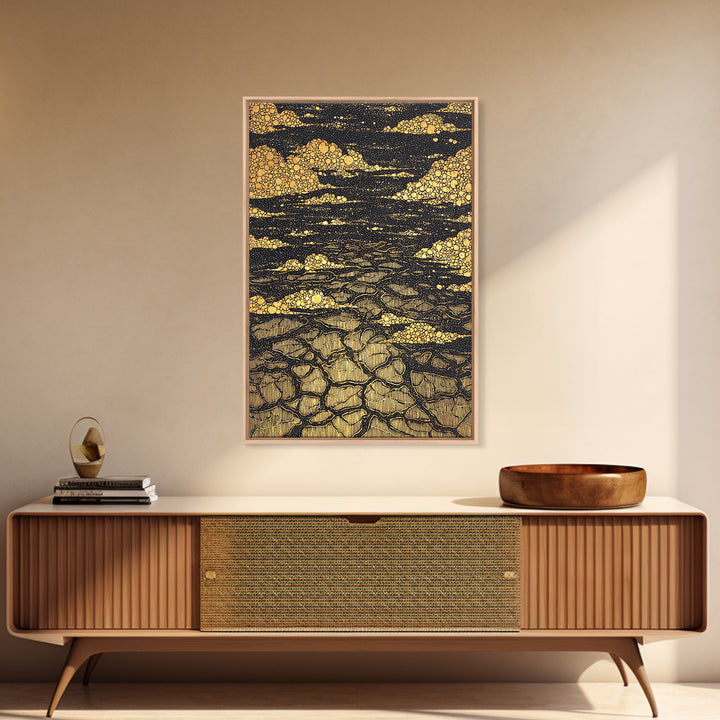 Black And Gold Cracked Earth Abstract Wall Art, Luxury Canvas Print, Textured Desert Landscape, Bold Statement Home Decor