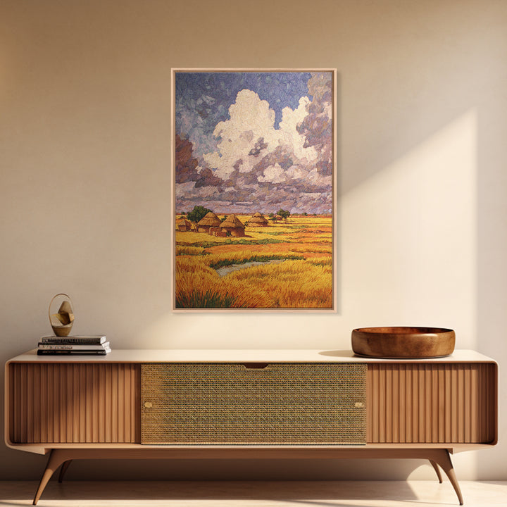 Golden African Village Under Towering Clouds Wall Art, Savannah Landscape, Rustic Home Decor, Afrocentric African Art Print
