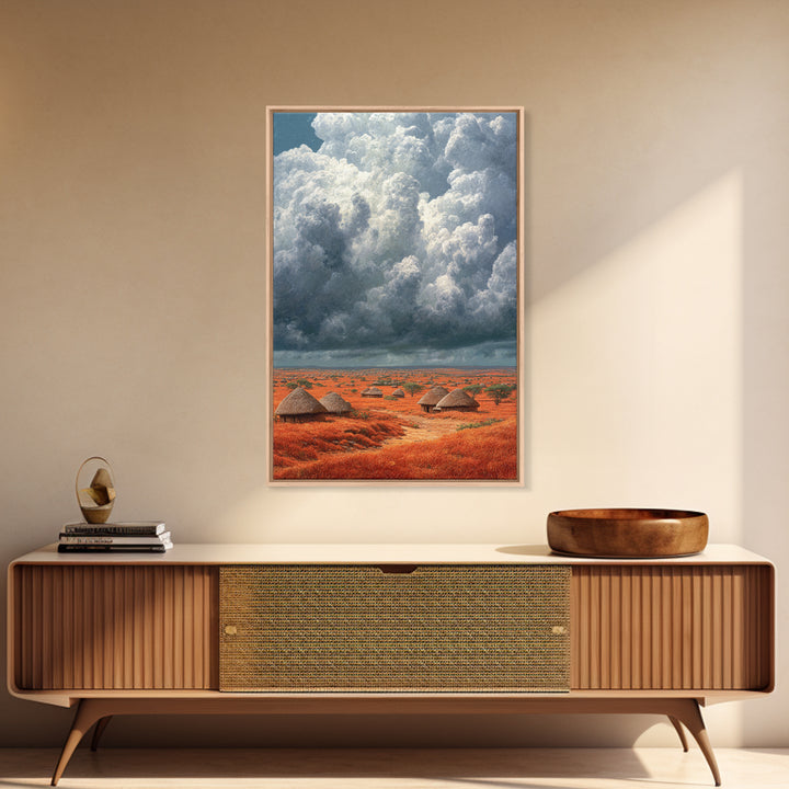 Red African Village Beneath Dramatic Storm Clouds Framed Canvas Print, Safari Landscape Wall Art, Earth Tone Home Decor Gift