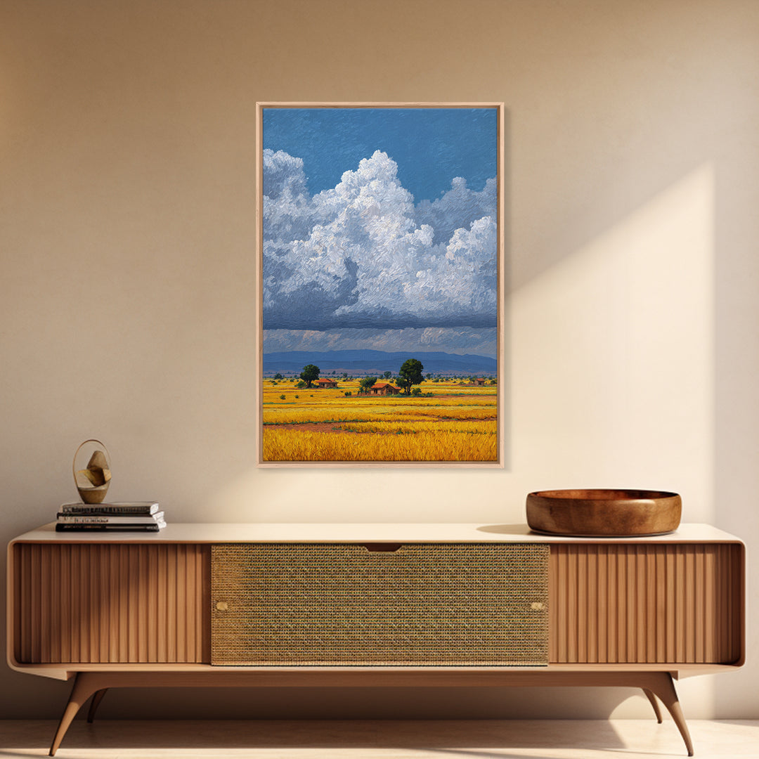 Sunlit African Farmland With Puffy White Clouds Wall Art, Landscape Canvas Print, Rustic Decor, Housewarming Gift For Her