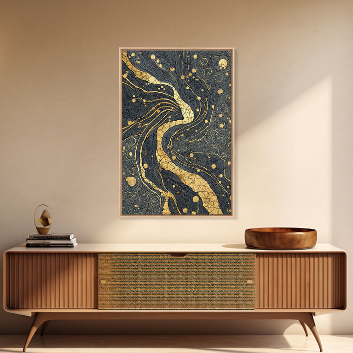 Black And Gold Abstract River Of Stars Statement Wall Art, Luxury Canvas Print, Geometric Decor, Elegant Modern Home Decor Gift