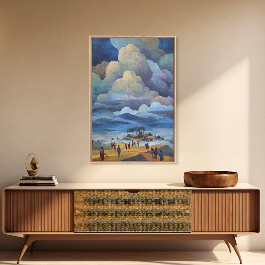 African Village Beneath Blue Storm Clouds Framed Canvas Print, Landscape Wall Decor, Cultural Home Decor, Afrocentric Art